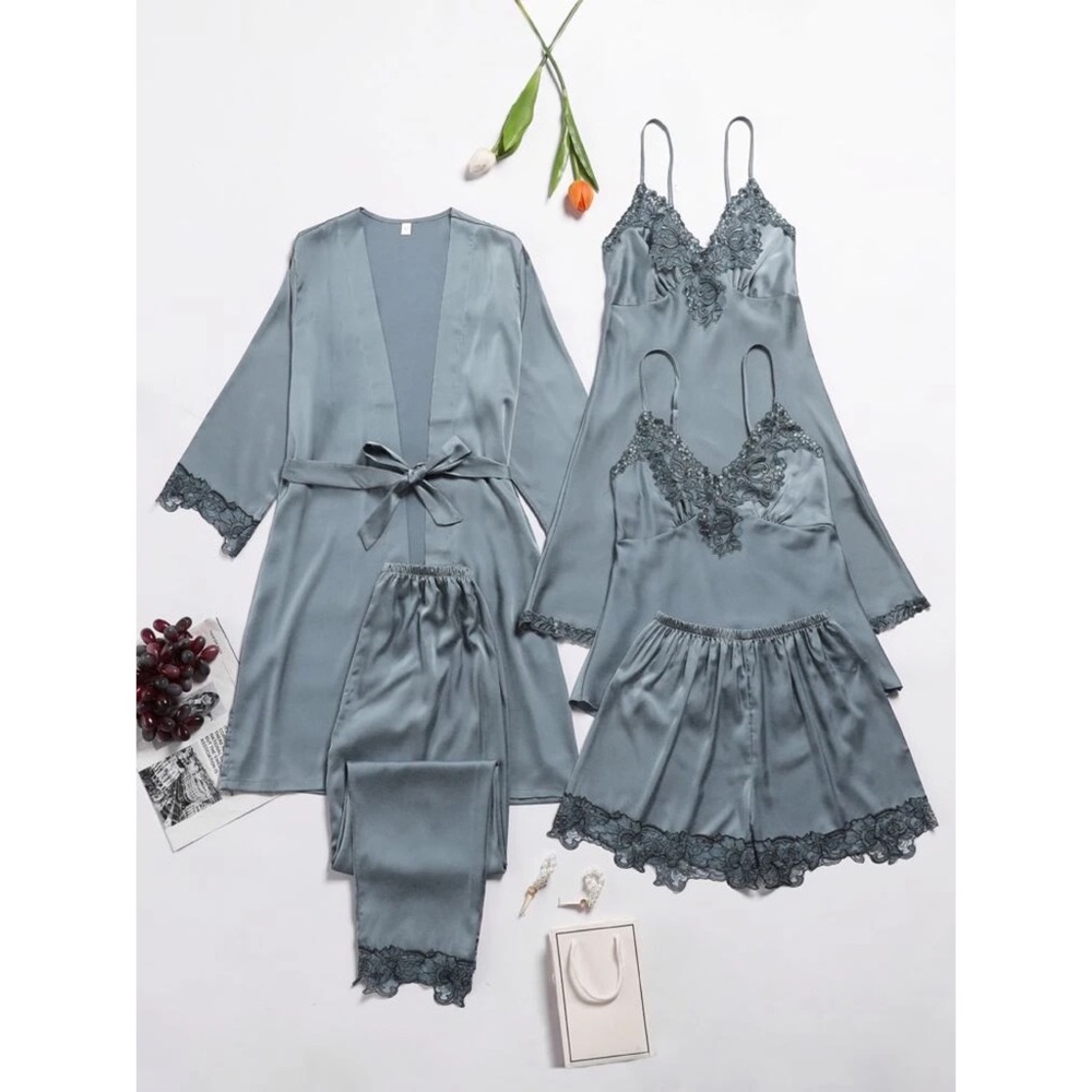 Fefi 5pcs Satin Contrast Lace Belted Night Set - Picture 1 of 6
